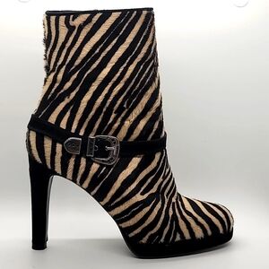STUART WEITZMAN sz8 Pipenouveau Calf Hair Platform Bootie Zebra Print RA…